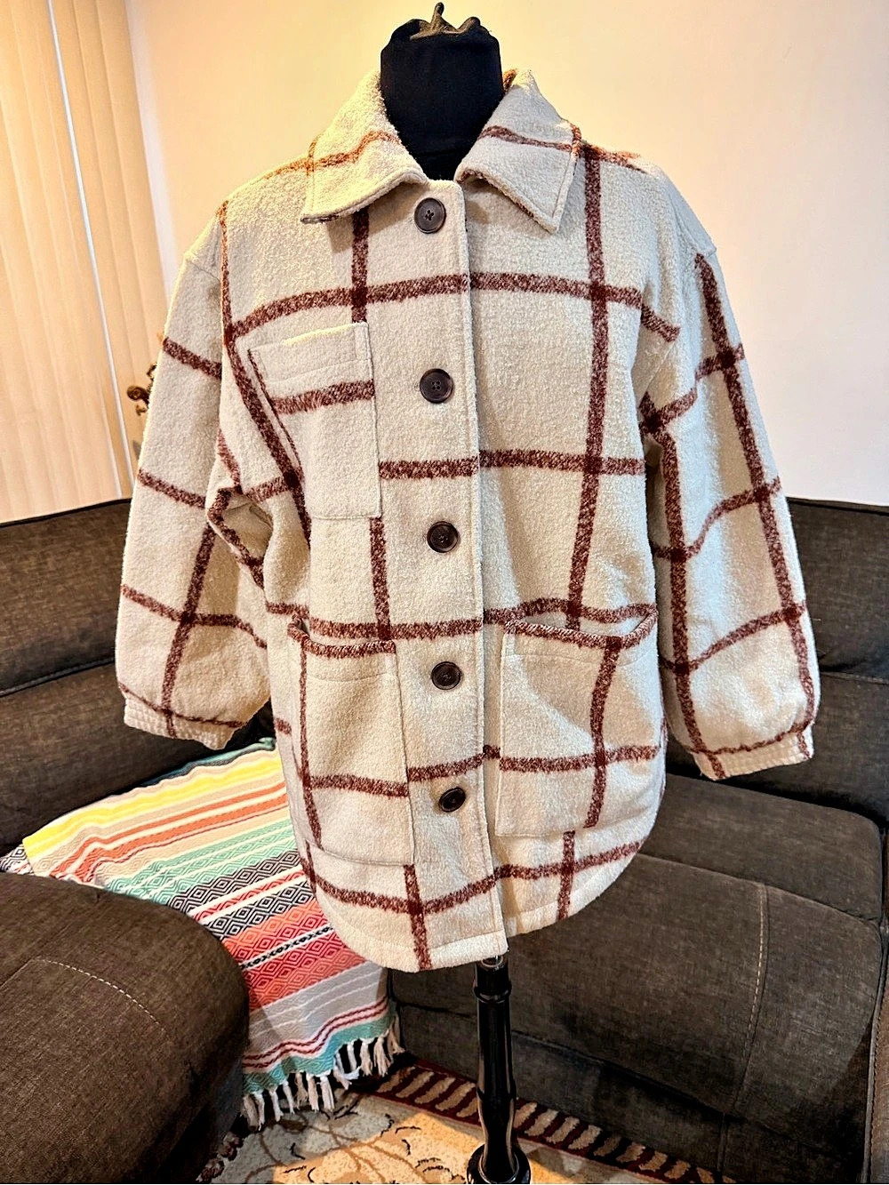 Universal Thread Oversized Windowpane Plaid Shacket White & Brown Medium